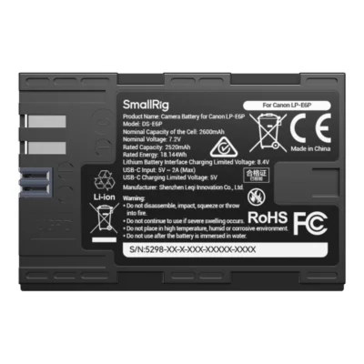 SmallRig 5298 USB-C Camera Battery with Power Display for Canon LP-E6P