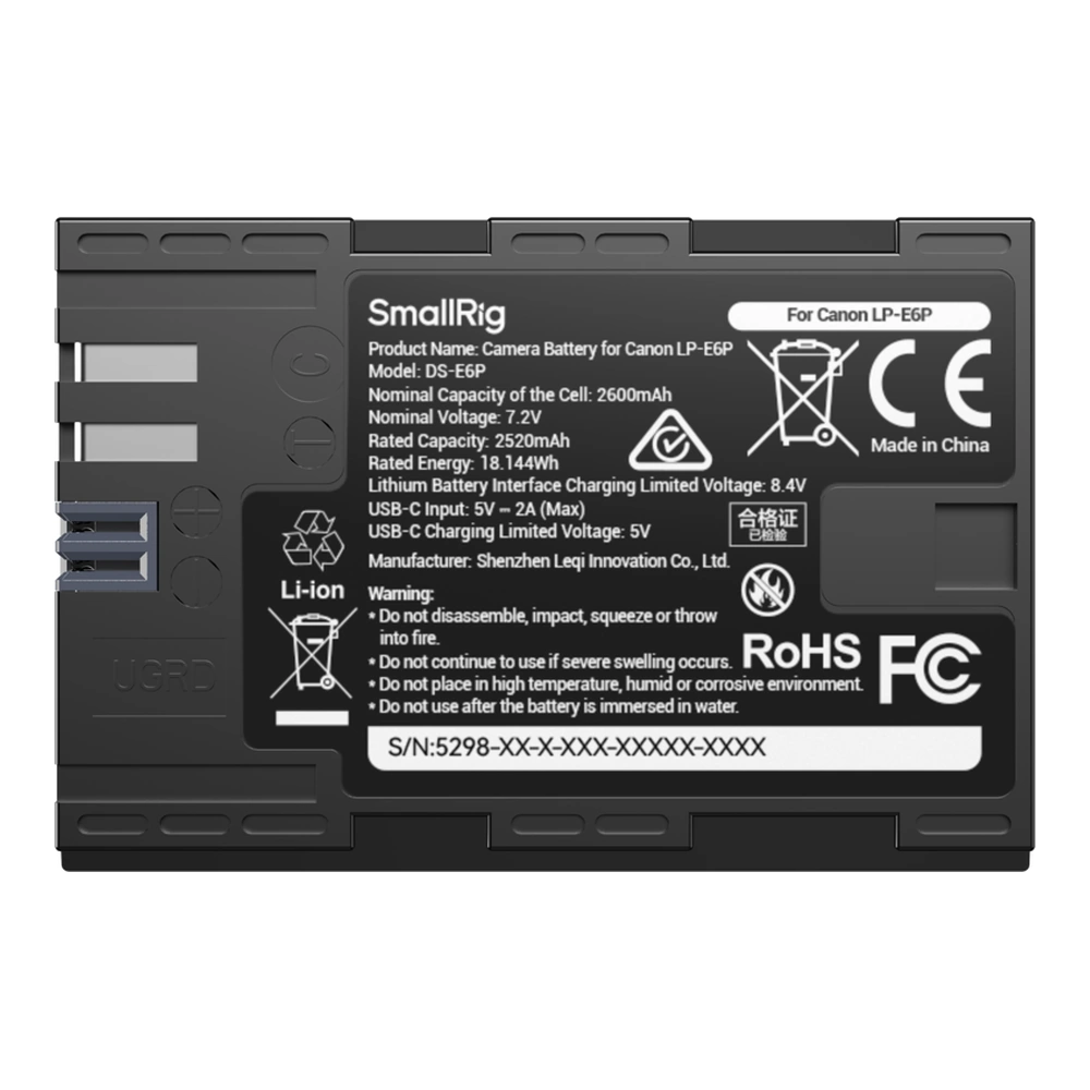 SmallRig 5298 USB-C Camera Battery with Power Display for Canon LP-E6P