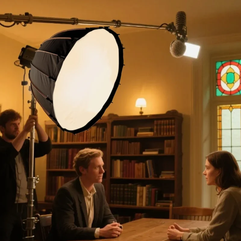 Octagonal softbox lighting a person reading in a library
