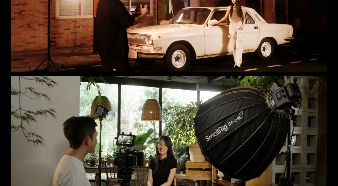 Film set with several studio lights around a vintage car