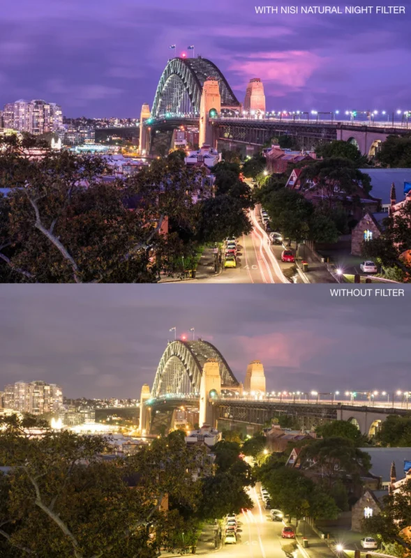 City view at dusk with and without a night filter, with the orange glow from street lighting reduced by the filter