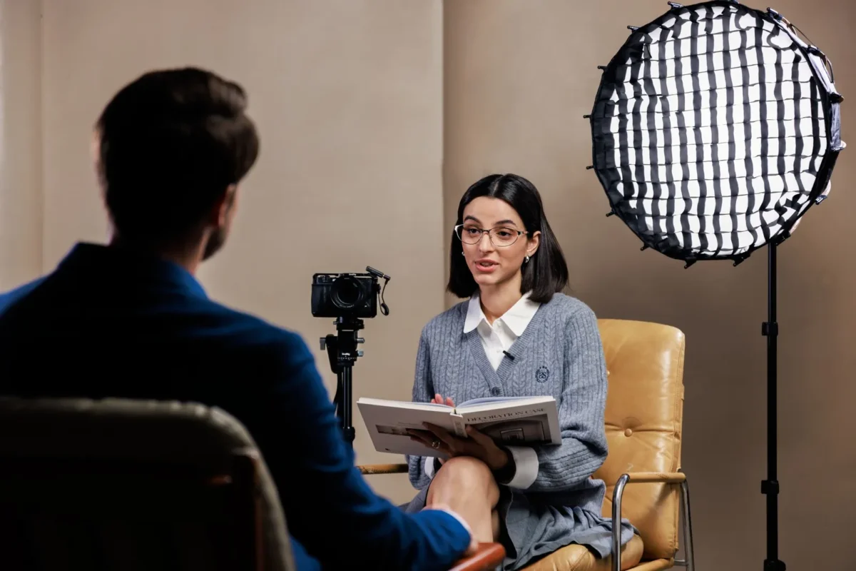 Interview recording with a softbox and small collar microphones