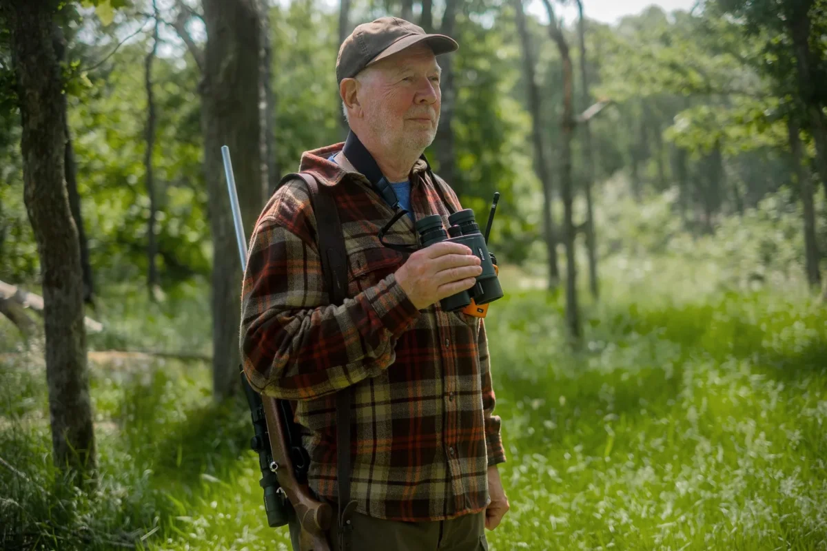 Hunter in a checked shirt with binoculars among birches