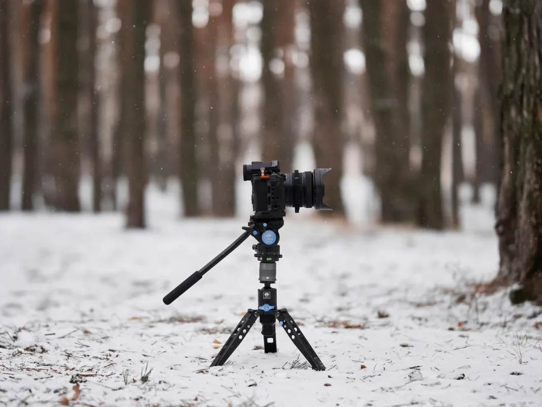 Camera on a monopod in a snowy pine forest