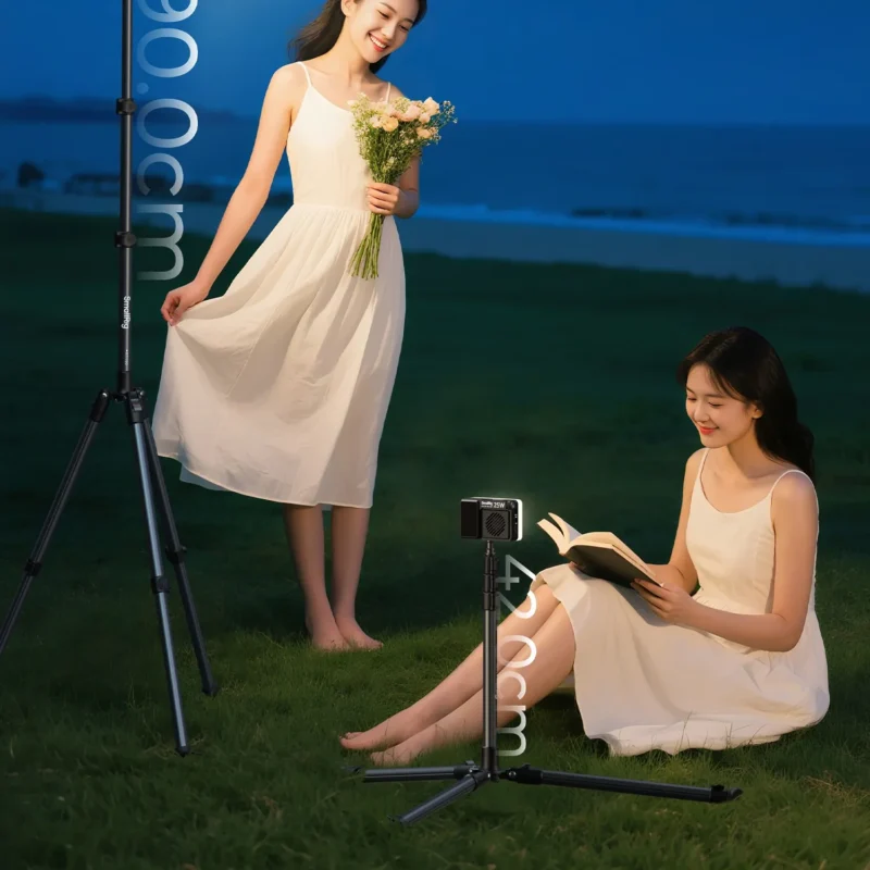 Woman reading on a lawn at night under a studio light on a stand