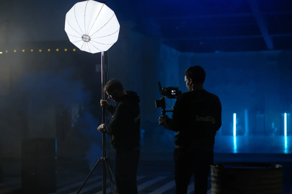 Lantern softbox lighting a film set in blue light