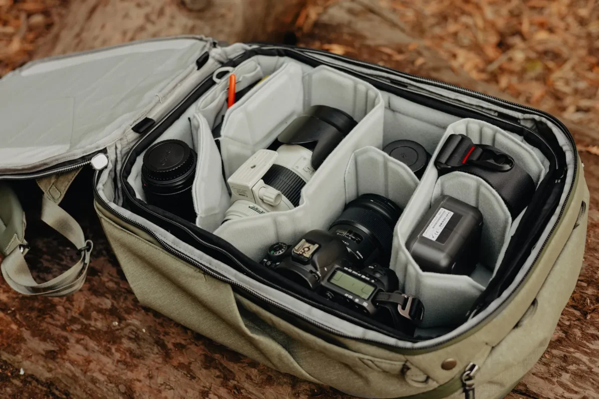 Padded camera cube packed with camera bodies and lenses